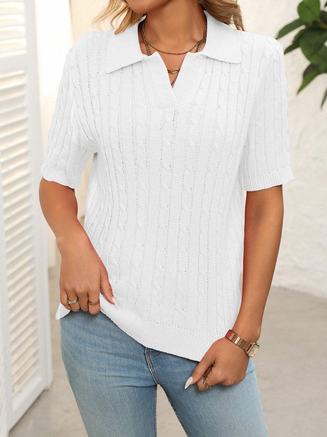 Mandy Cable Knit Johnny Collar Half Sleeve Sweater - Trendsi - Flyclothing LLC