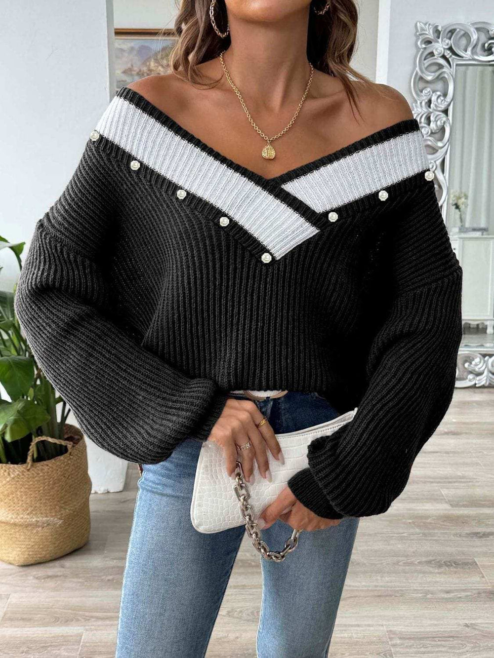 Contrast Trim Dropped Shoulder Long Sleeve Sweater - Trendsi - Flyclothing LLC