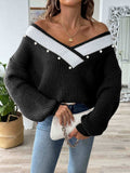 Contrast Trim Dropped Shoulder Long Sleeve Sweater - Trendsi - Flyclothing LLC