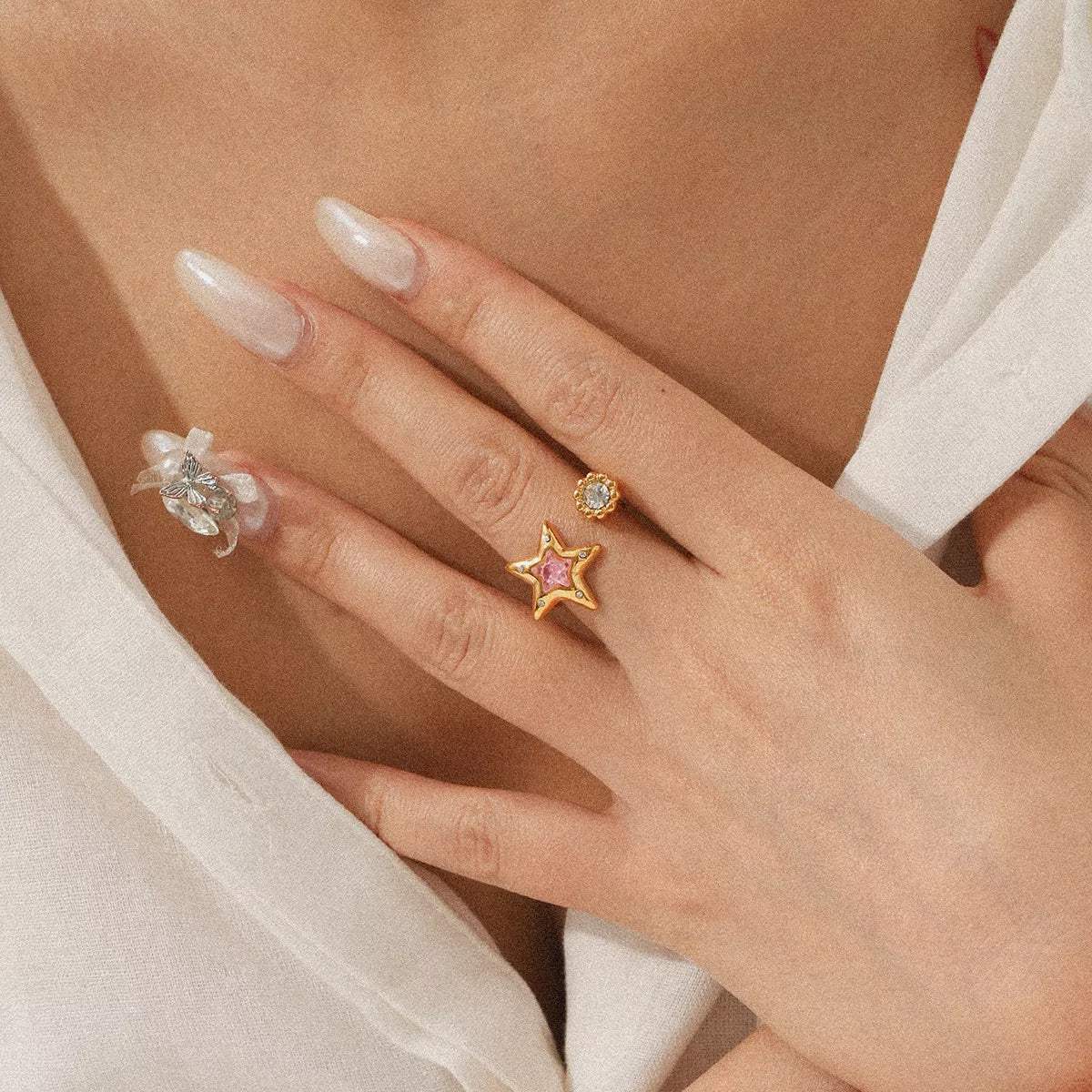 18K Gold-Plated Zircon Star Open Ring - Trendsi - Flyclothing LLC