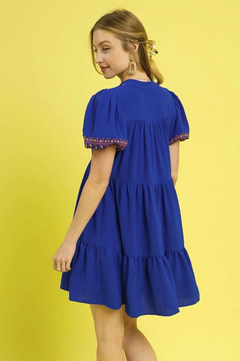 Umgee Floral Trim Puff Sleeve Mini Dress - Trendsi - Flyclothing LLC