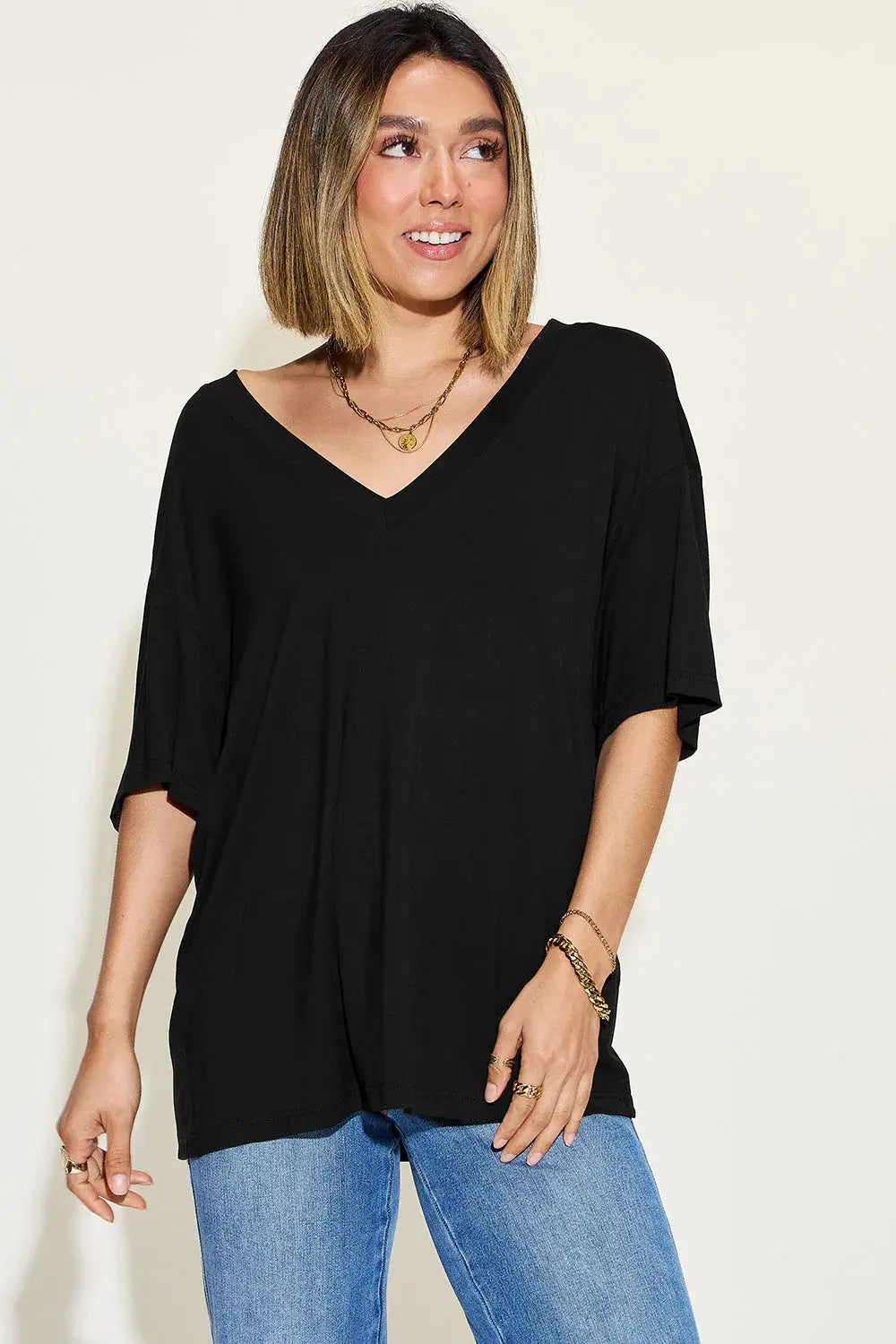 Basic Bae Full Size Bamboo V-Neck Drop Shoulder T-Shirt - ShopBasicbae - Flyclothing LLC