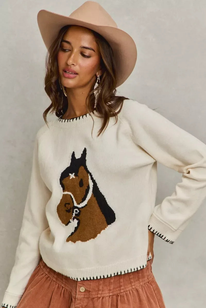 SO ME Horse Knit Sweater Top with Blanket Stitch - Trendsi - Flyclothing LLC