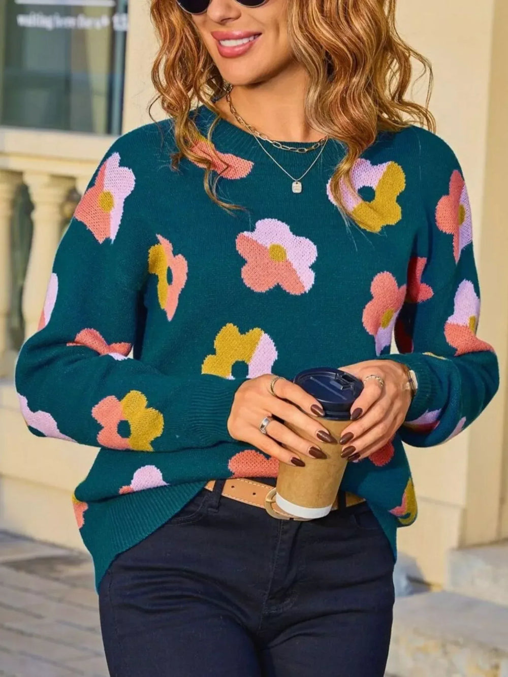 Floral Crew Neck Long Sleeve Sweater - Trendsi - Flyclothing LLC