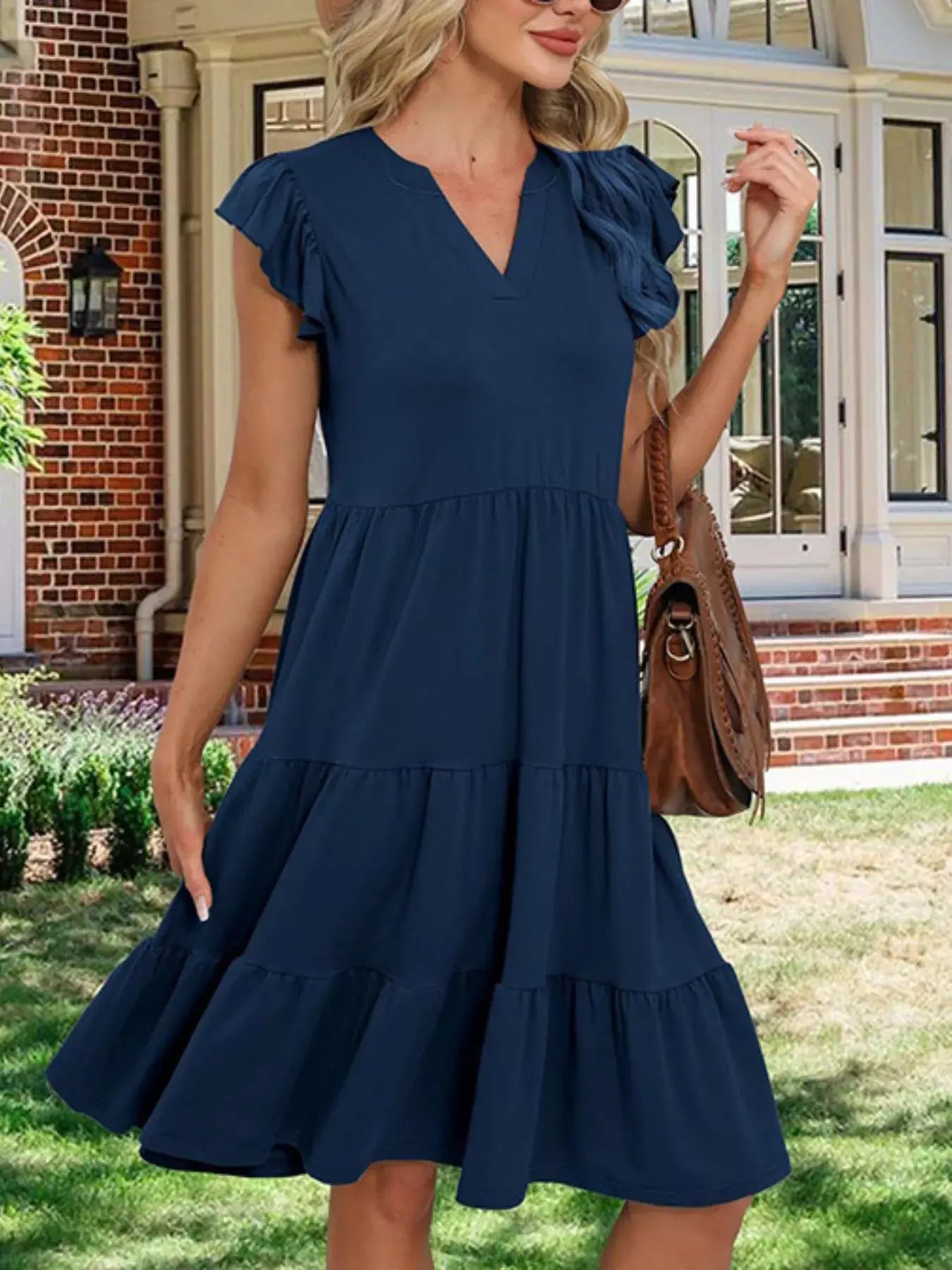 Ruffle Sleeve Tiered Midi Dress - Trendsi - Flyclothing LLC