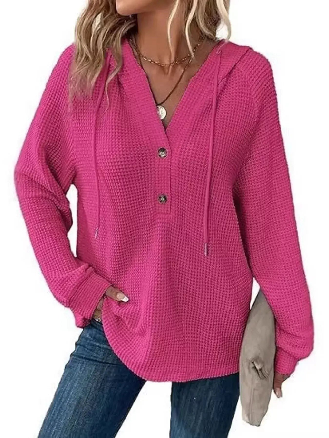 Full Size Button Detail Waffle Knit Hoodie Plus Size - Trendsi - Flyclothing LLC
