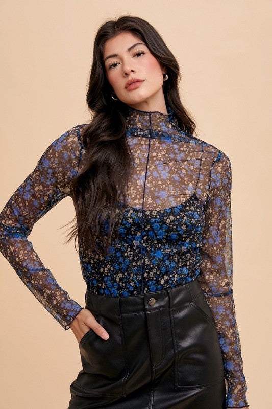 Annie Wear Floral Lettuce Hem Sheer Mesh Top - Trendsi - Flyclothing LLC