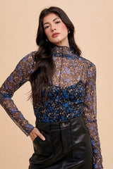 Annie Wear Floral Lettuce Hem Sheer Mesh Top - Trendsi - Flyclothing LLC
