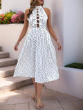 Perfee Bow Front Polka Dot Sleeveless Midi Dress - Trendsi