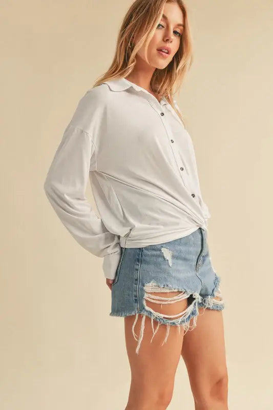 Aemi + Co Twisted Hemline Button Detail Collared Neck Top - Trendsi - Flyclothing LLC