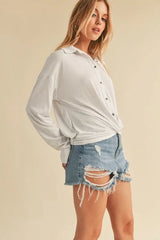 Aemi + Co Twisted Hemline Button Detail Collared Neck Top - Trendsi - Flyclothing LLC
