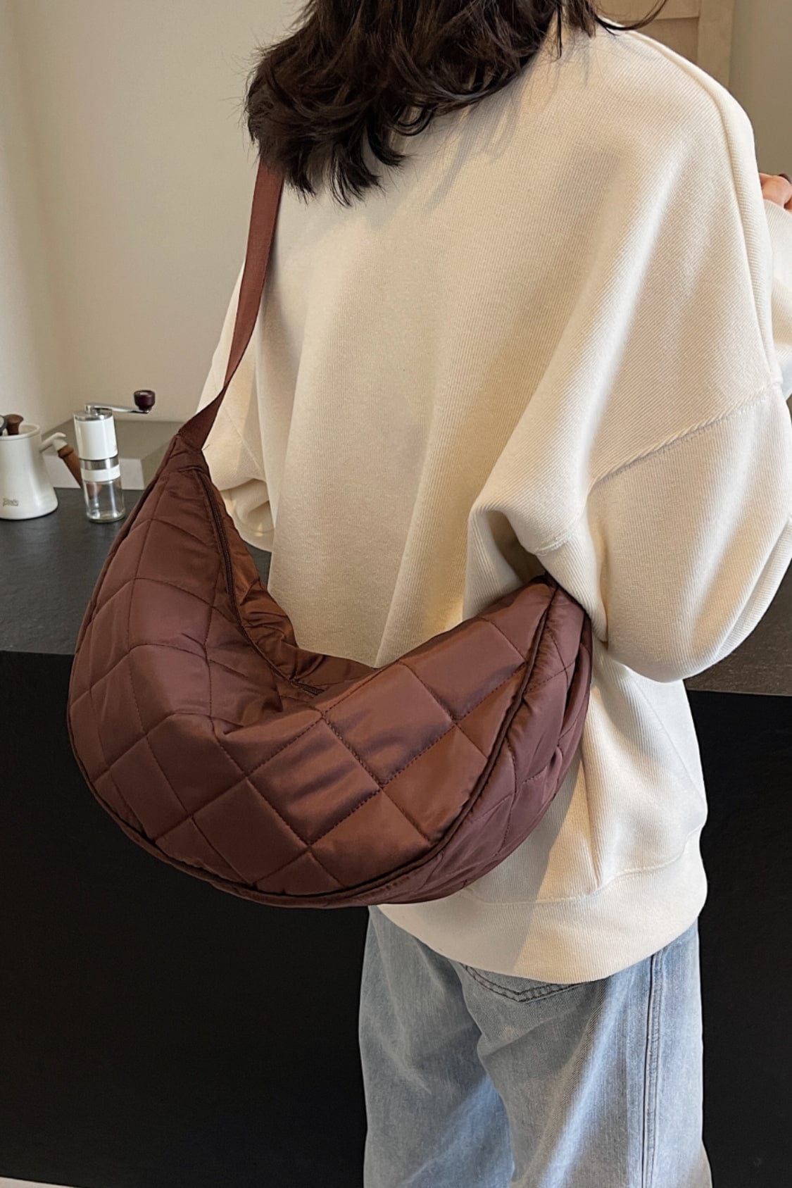 Plaid Quilted Adjustable Strap Crossbody Bag - Trendsi