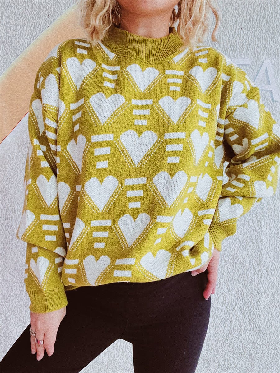 Heart Contrast Long Sleeve Dropped Shoulder Sweater - Trendsi