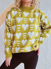 Heart Contrast Long Sleeve Dropped Shoulder Sweater - Trendsi