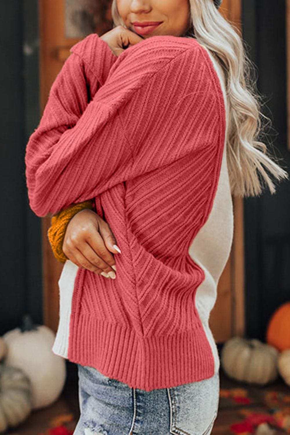 Color Block Textured Drop Shoulder Sweater - Trendsi - Flyclothing LLC