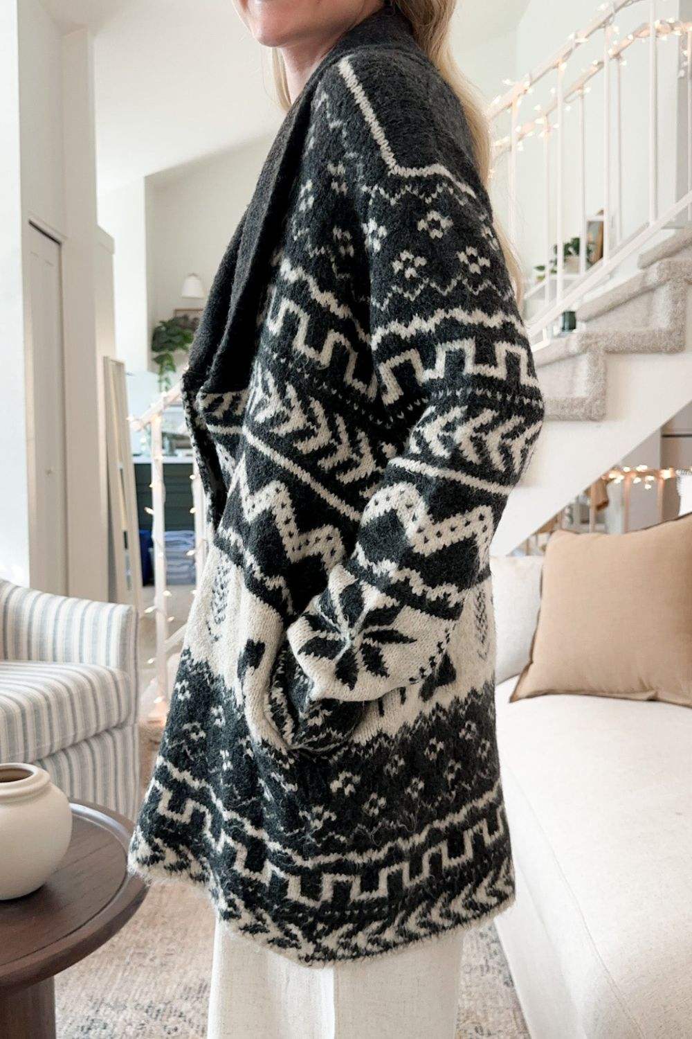 Snowflakes Collared Neck Long Sleeve Cardigan - Trendsi - Flyclothing LLC