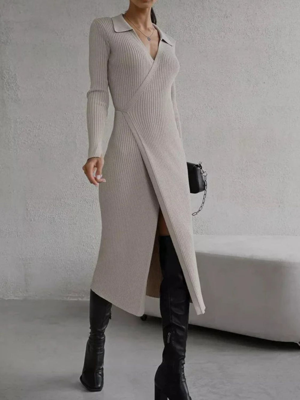 Tied Collared Neck Long Sleeve Sweater Dress - Trendsi