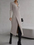 Tied Collared Neck Long Sleeve Sweater Dress - Trendsi