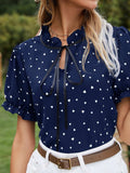 Heart Print Tie Neck Short Sleeve Blouse - Trendsi - Flyclothing LLC