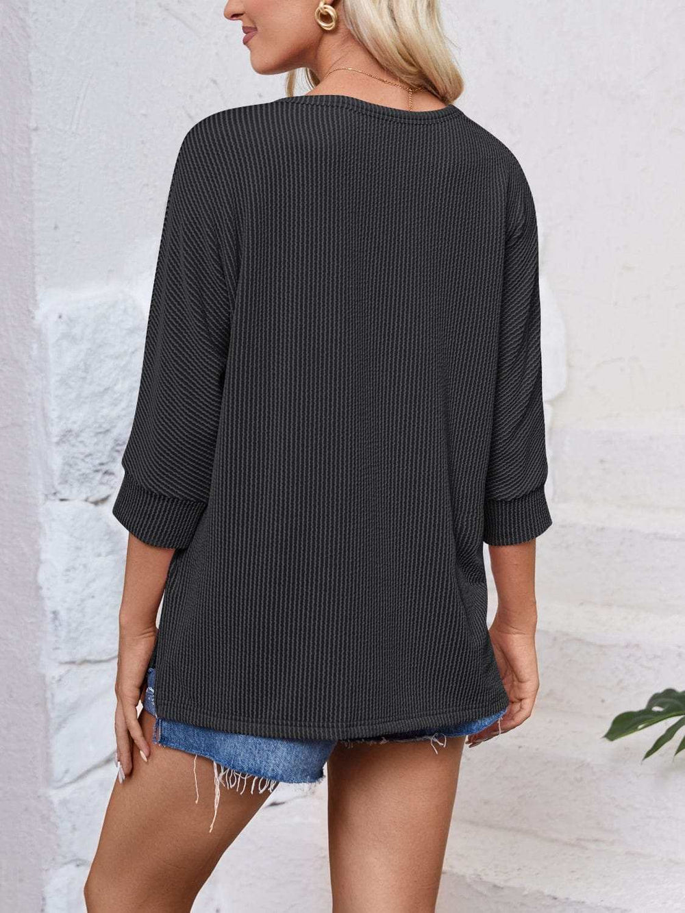 Textured Round Neck Three-Quarter Sleeve Blouse - Trendsi - Flyclothing LLC