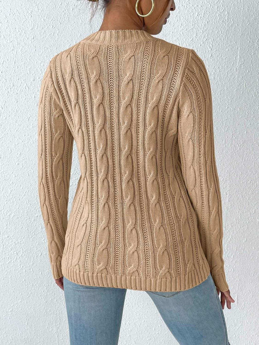 Cable-Knit Round Neck Long Sleeve Sweater - Trendsi - Flyclothing LLC