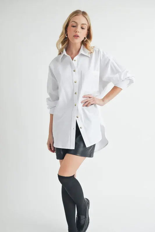Aemi + Co High-Low Collared Neck Drop Shoulder Shirt - Trendsi - Flyclothing LLC