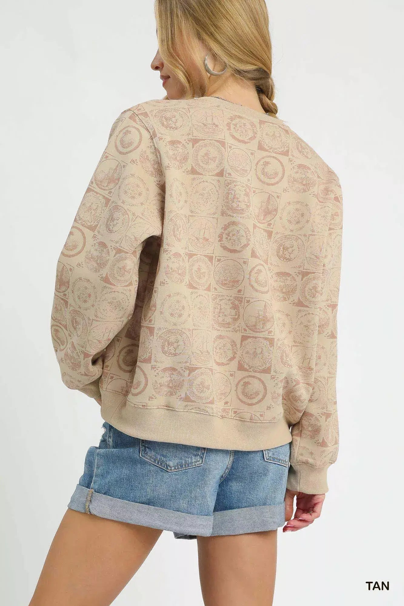 Umgee Coin Stamp Print Sweatshirt - Trendsi - Flyclothing LLC
