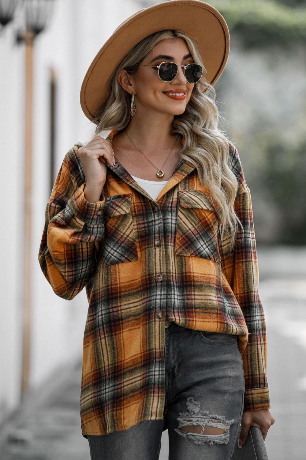 Drawstring Plaid Long Sleeve Hooded Shacket - Trendsi