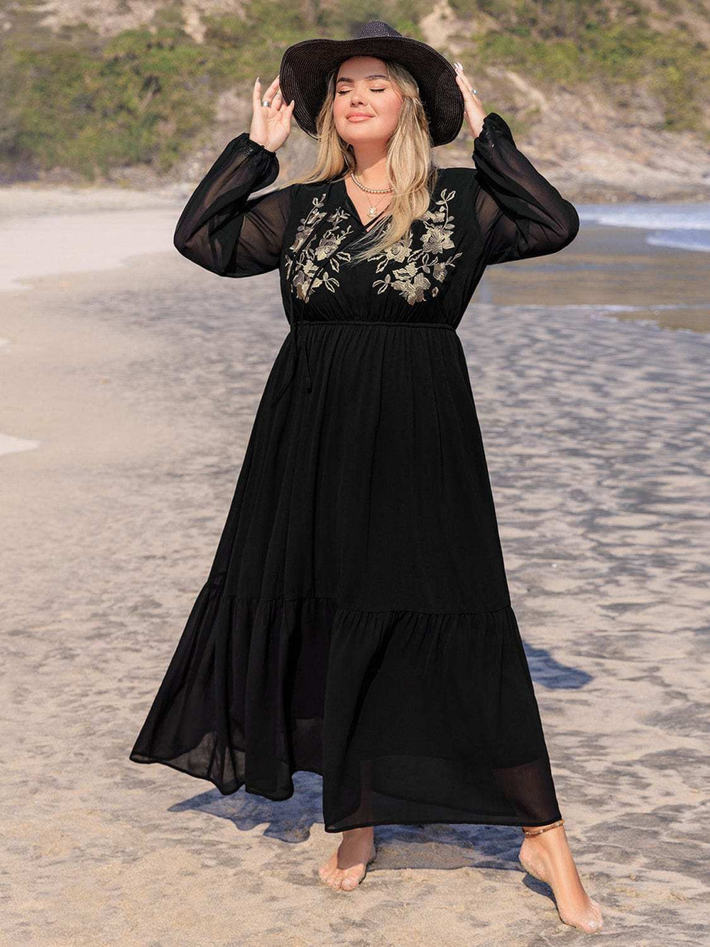 Plus Size Embroidered Tie Neck Long Sleeve Dress - Trendsi - Flyclothing LLC