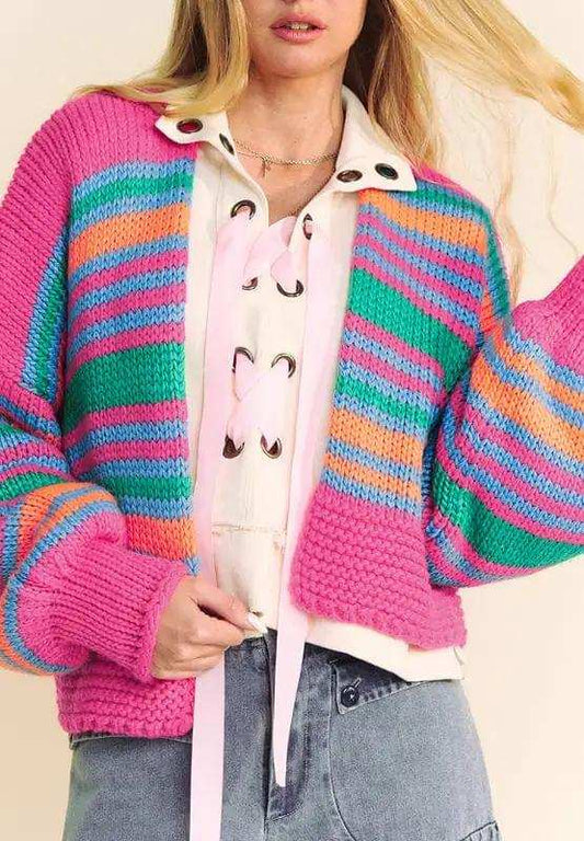 Contrast Striped Open Front Long Sleeve Cardigan - Trendsi - Flyclothing LLC