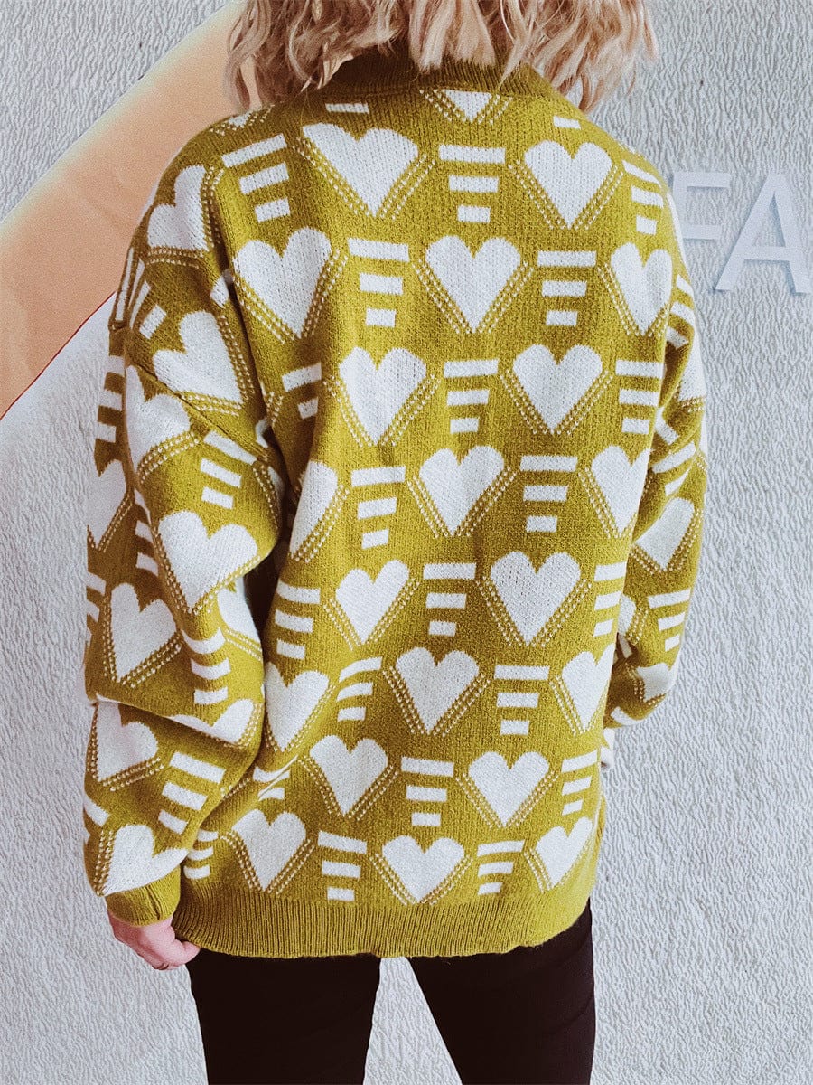 Heart Contrast Long Sleeve Dropped Shoulder Sweater - Trendsi