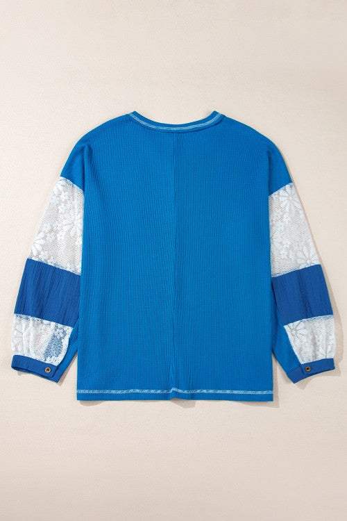 Lace Patchwork Sleeve Stitching V Neck Top - Trendsi - Flyclothing LLC