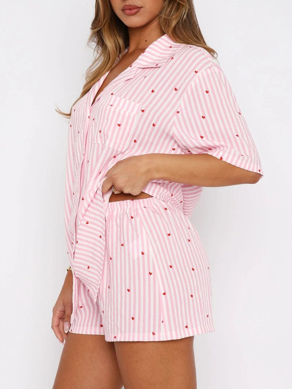 Valentine's Day Printed Collared Neck Short Sleeve Top and Shorts Set - Trendsi