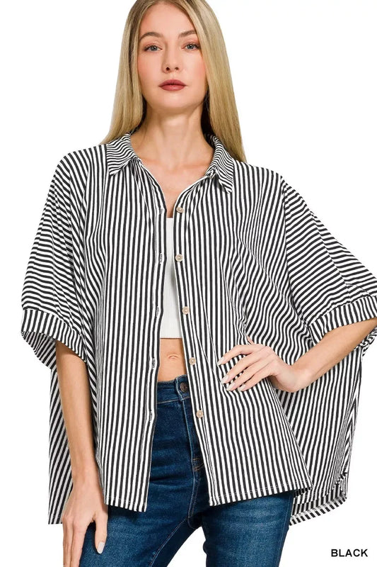 Zenana Oversized Stripe Button Down Shirt - Trendsi - Flyclothing LLC