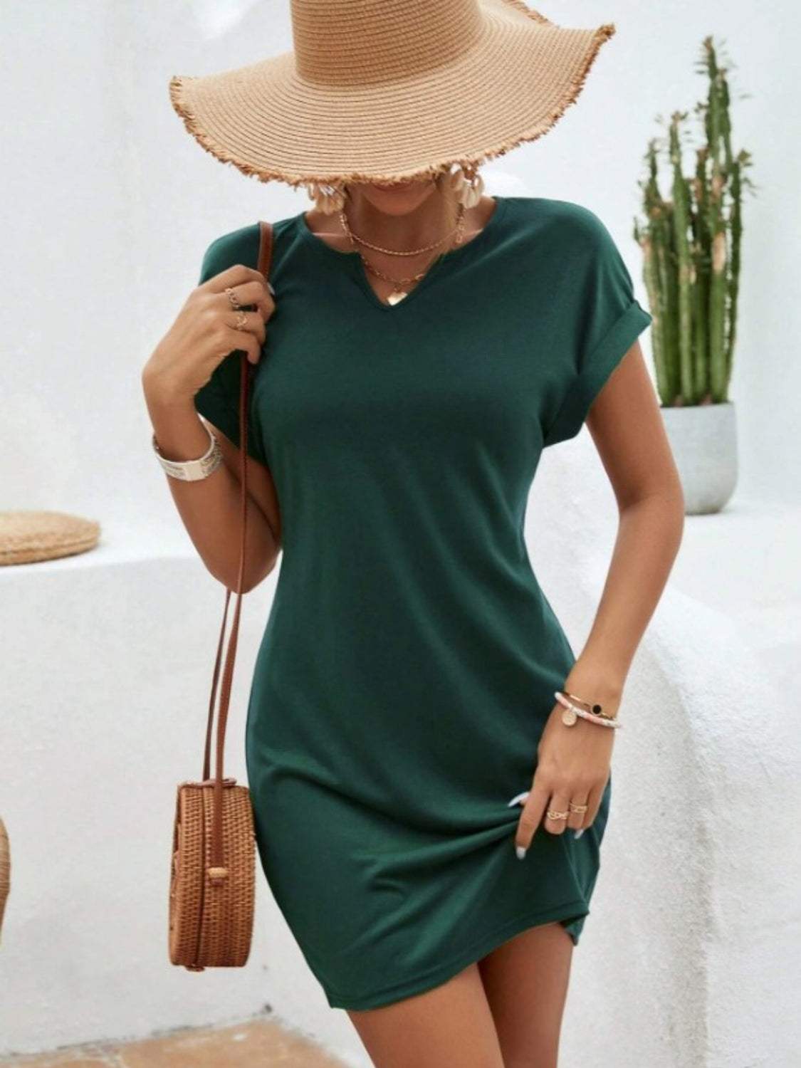Notched Short Sleeve Mini Tee Dress - Trendsi - Flyclothing LLC