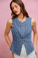 SO ME Stripe Slim Fit Button Front Denim Vest Top - Trendsi - Flyclothing LLC