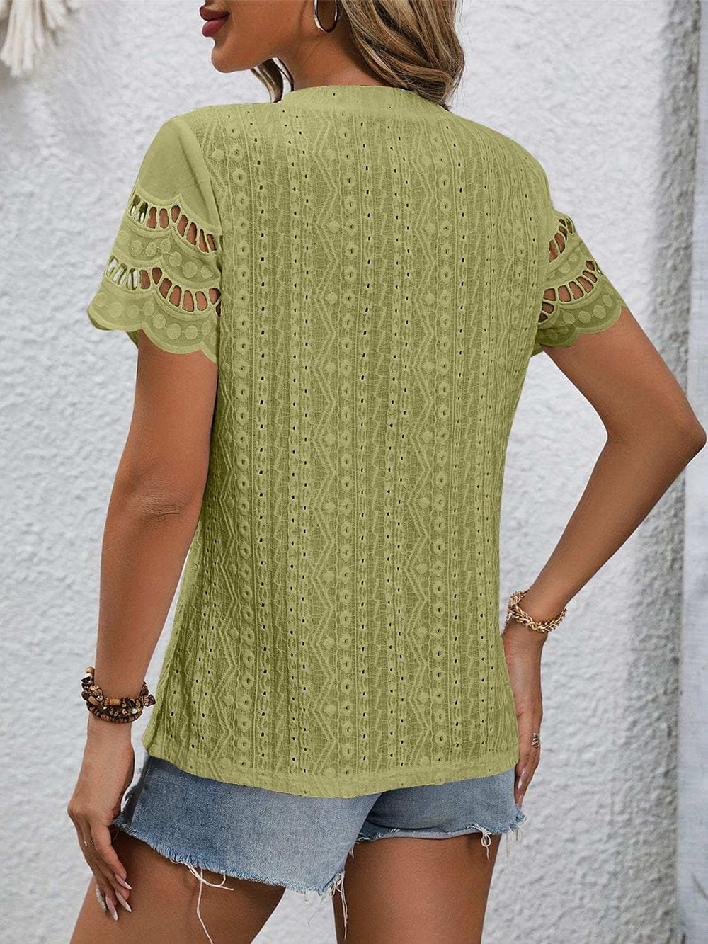 Full Size Eyelet Round Neck Short Sleeve Top - Trendsi - Flyclothing LLC