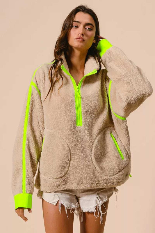 BiBi Contrast Edge Half Zip Up Sherpa Jacket - Trendsi - Flyclothing LLC