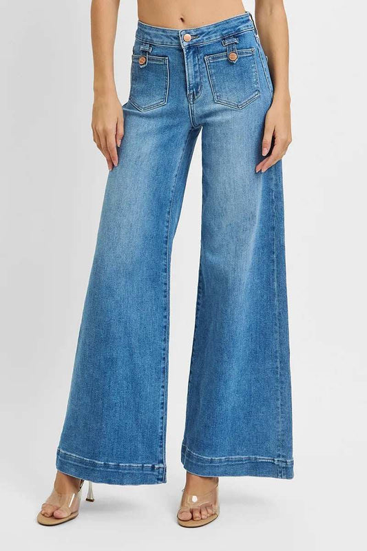 RISEN Full Size Mid Rise Wide Front Patch Pocket Jeans Plus Size - Trendsi - Flyclothing LLC