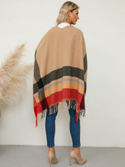 Fringe Contrast Plaid Poncho - Trendsi