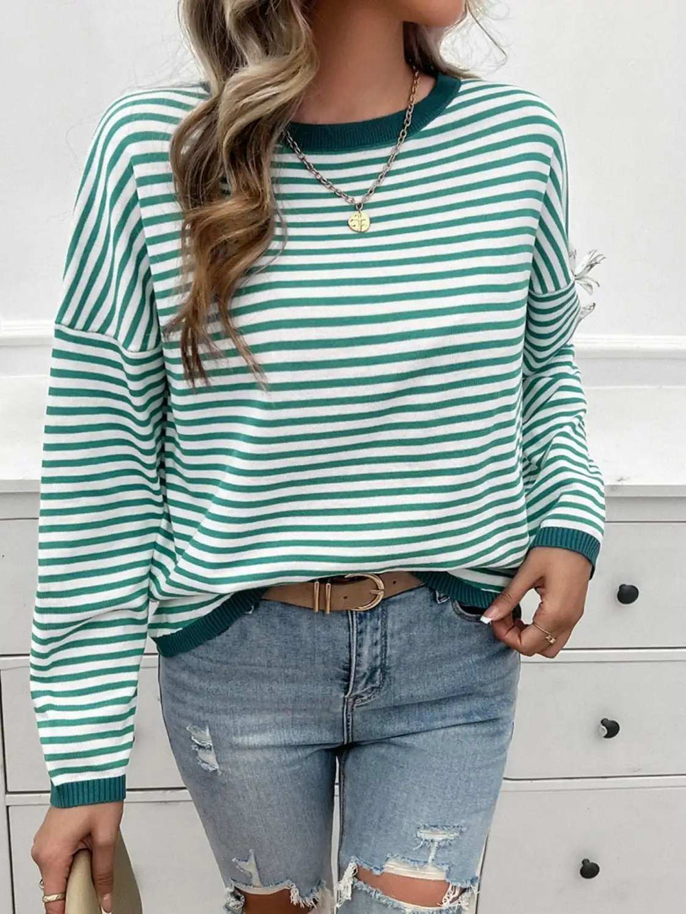Striped Round Neck Dropped Shoulder Sweater - Trendsi - Flyclothing LLC