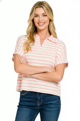 Zenana Striped Split Neck Collared Top - Trendsi - Flyclothing LLC