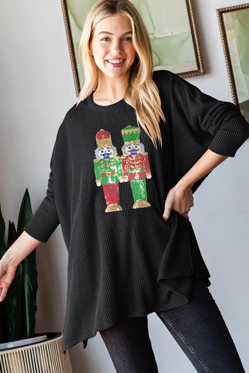 Heimish Sequin Nutcracker Long Sleeve Ribbed Top - Trendsi