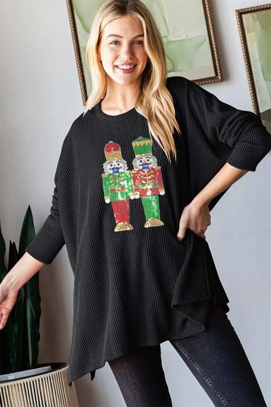 Heimish Sequin Nutcracker Long Sleeve Ribbed Top - Trendsi - Flyclothing LLC
