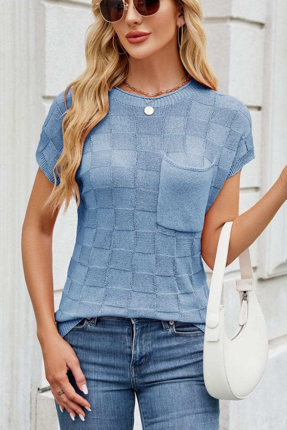 Checkered Round Neck Short Sleeve Knit Top - Trendsi - Flyclothing LLC