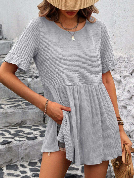 Round Neck Short Sleeve Blouse - Trendsi - Flyclothing LLC