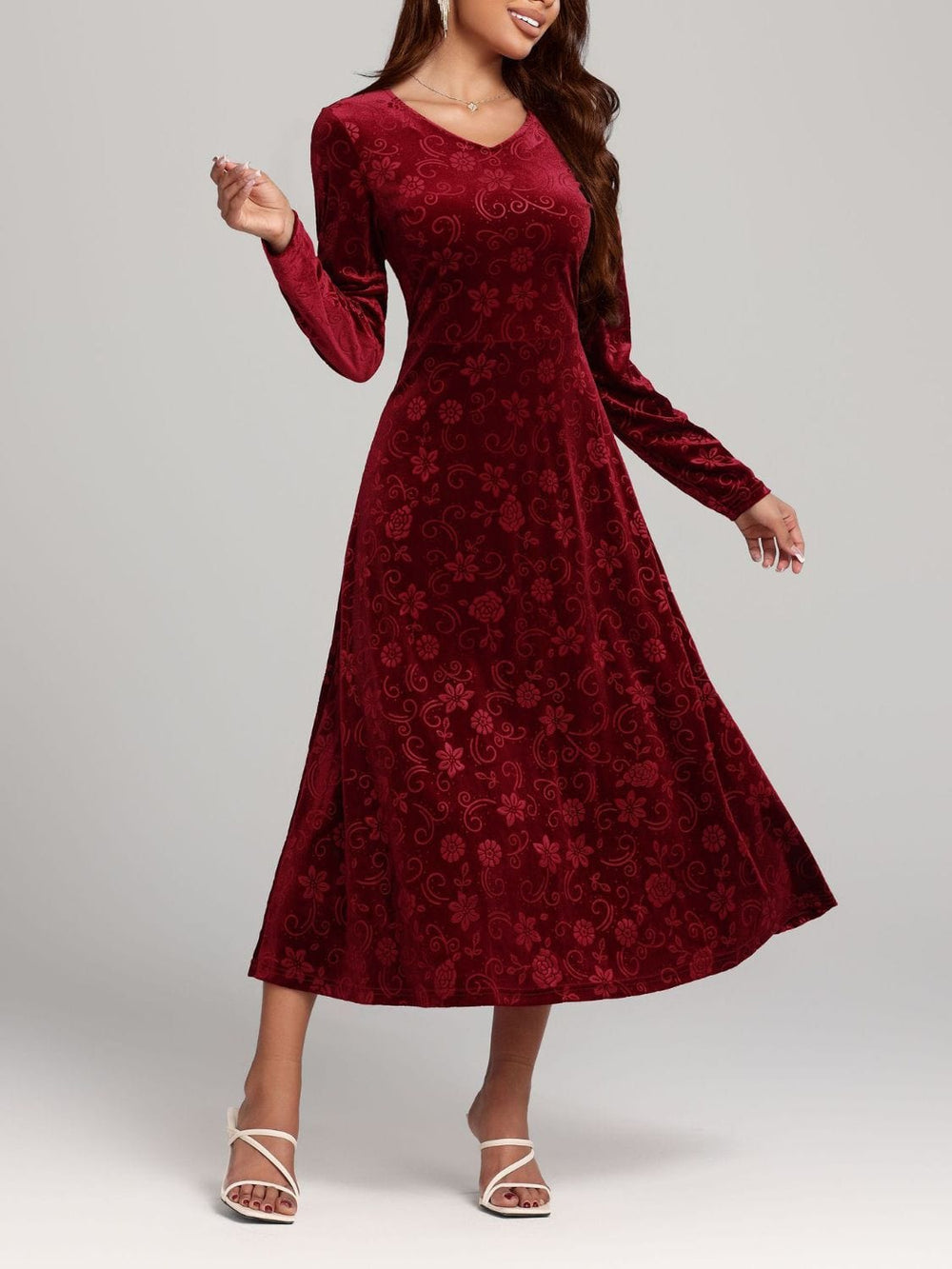 Flower Print V-Neck Long Sleeve Midi Dress - Trendsi
