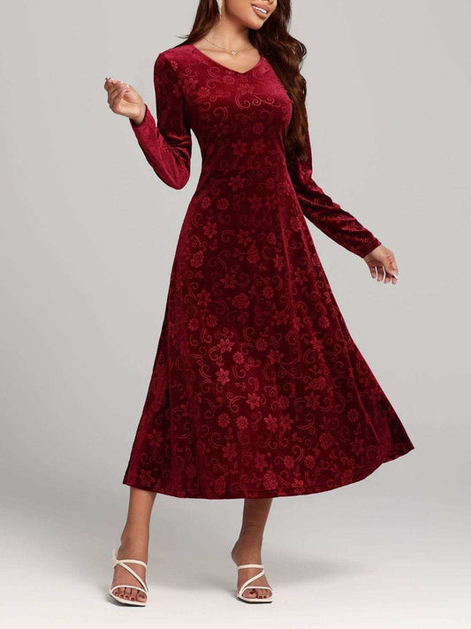 Flower Print V-Neck Long Sleeve Midi Dress - Trendsi - Flyclothing LLC