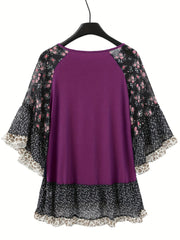 Full Size Frill Printed Round Neck Half Sleeve Blouse - Trendsi