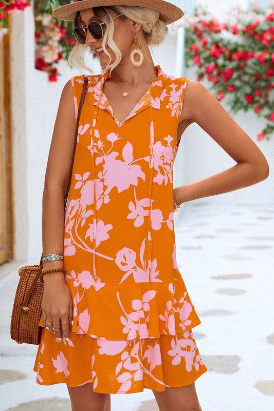 Printed Tie Neck Sleeveless Dress - Trendsi - Flyclothing LLC